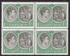 St Kitts-Nevis 1938-50 1/- Black & green Perf 14 in a block of four SG 75b Mnh.