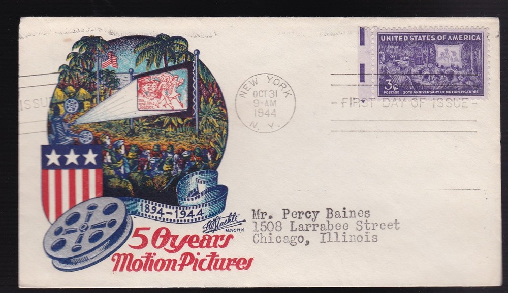 MOTION PICTURES #926 US FIRST DAY COVER 1944, STAEHLE MULTI COLOR CACHET FDC