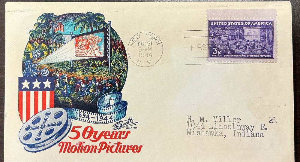 926 FDC 1944 Staehle Multi-Color Cachet. 50 years of Motion Pictures.