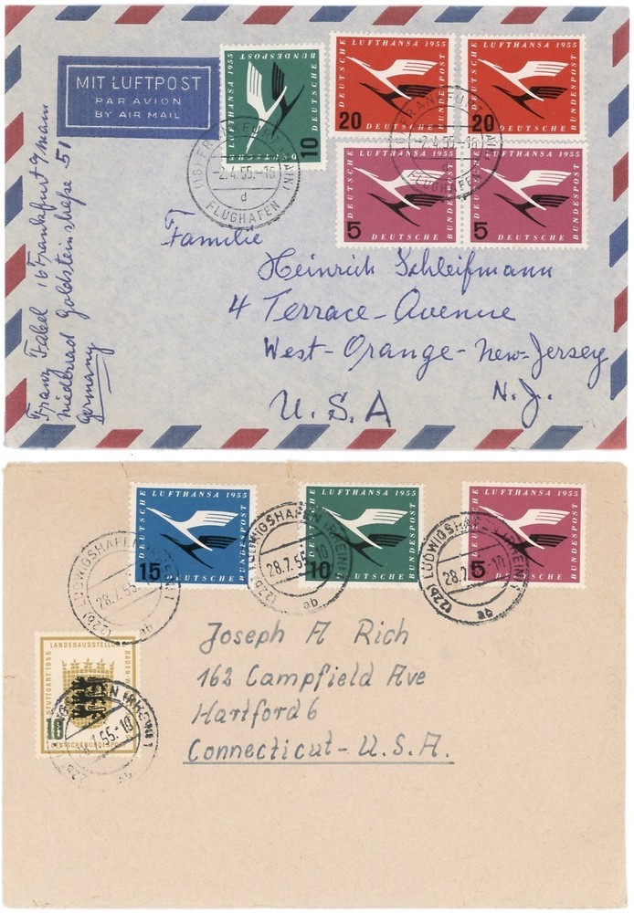 Germany Two 1955 Covers w/Airmail Lufthansa Emblem Multi-color Frankings