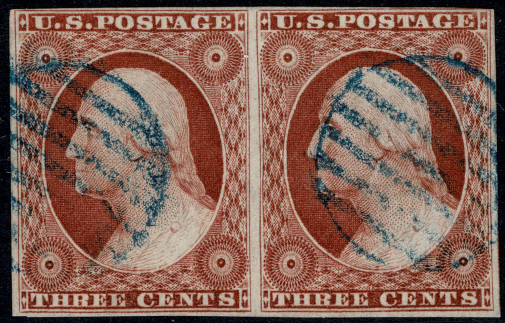HORIZ-PAIR – Scott #10A, 4 Margin, 98-99L1E, 4-Margin, Blue Circular Grid Cancel
