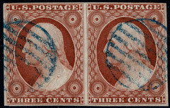 HORIZ-PAIR – Scott #10A, 4 Margin, 98-99L1E, 4-Margin, Blue Circular Grid Cancel