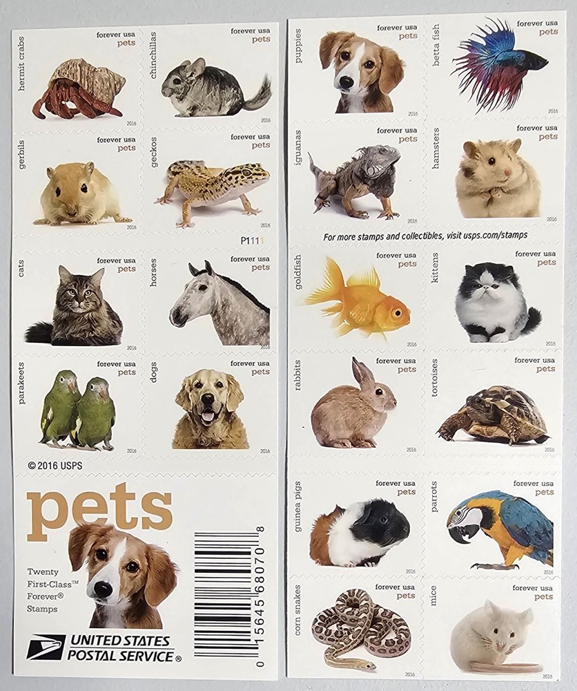 New “Pets” Book of 20 USPS Forever Stamps 2016 MNH #5106-5125
