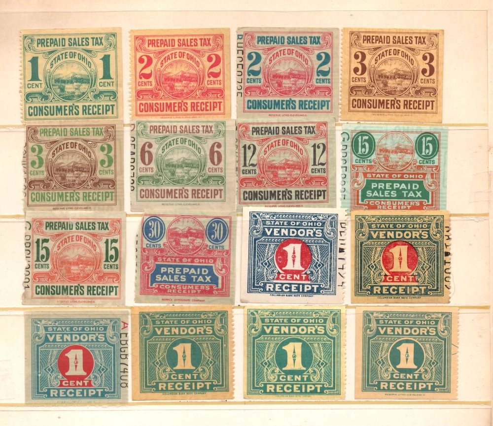 U.S. Ohio 10 Diff. Consumer Prepaid & 22 Vendor Sales Tax Receipt Stamps Used