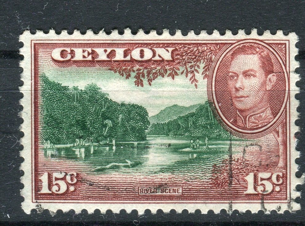Ceylon SG390a 1938-50 KGVI 15c green & red-brown (wmk upright) used