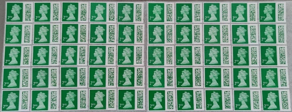 * * 50 2nd Second Class Stamps Unfranked Barcoded Genuine With Original Gum * *