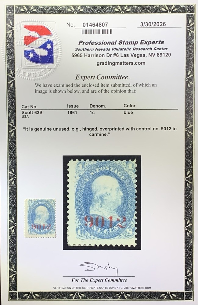 1861 U.S. Stamp Specimen 63s Control #9012/Scarce/PSE Certification