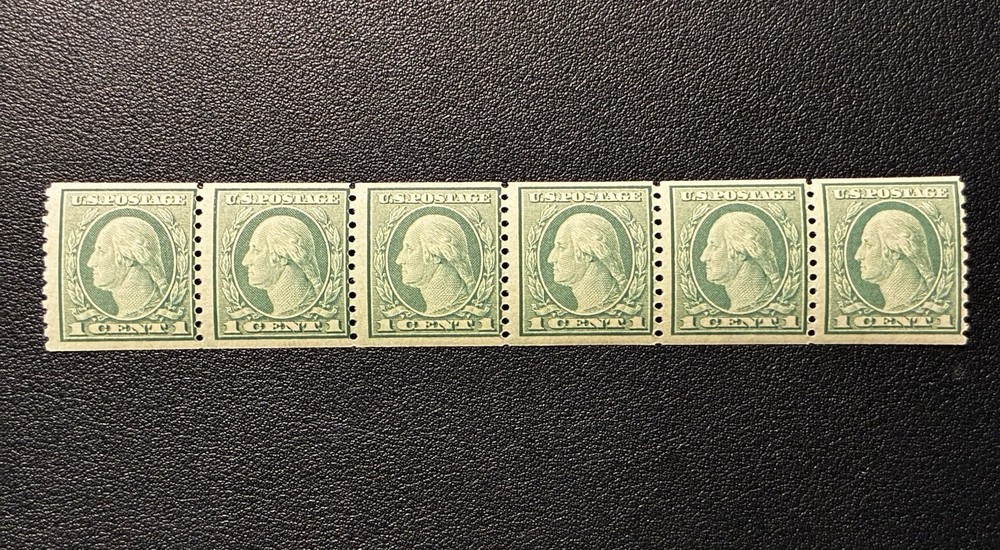 US Stamp, Scott #490 Strip of 6, 1916 1c Washington, Green, UNWM / Mint NH OG