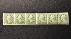 US Stamp, Scott #490 Strip of 6, 1916 1c Washington, Green, UNWM / Mint NH OG