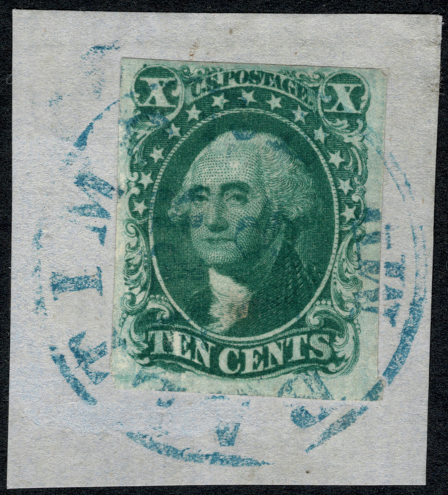1855, 10¢ green, type II, 4 large margins, rich color, on small piece, Very Fine