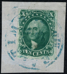1855, 10¢ green, type II, 4 large margins, rich color, on small piece, Very Fine