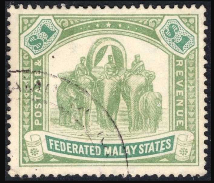 MALAYA FMS SG48a 1907 $1 Green & Pale Green Elephants, Fine Used, c.£65
