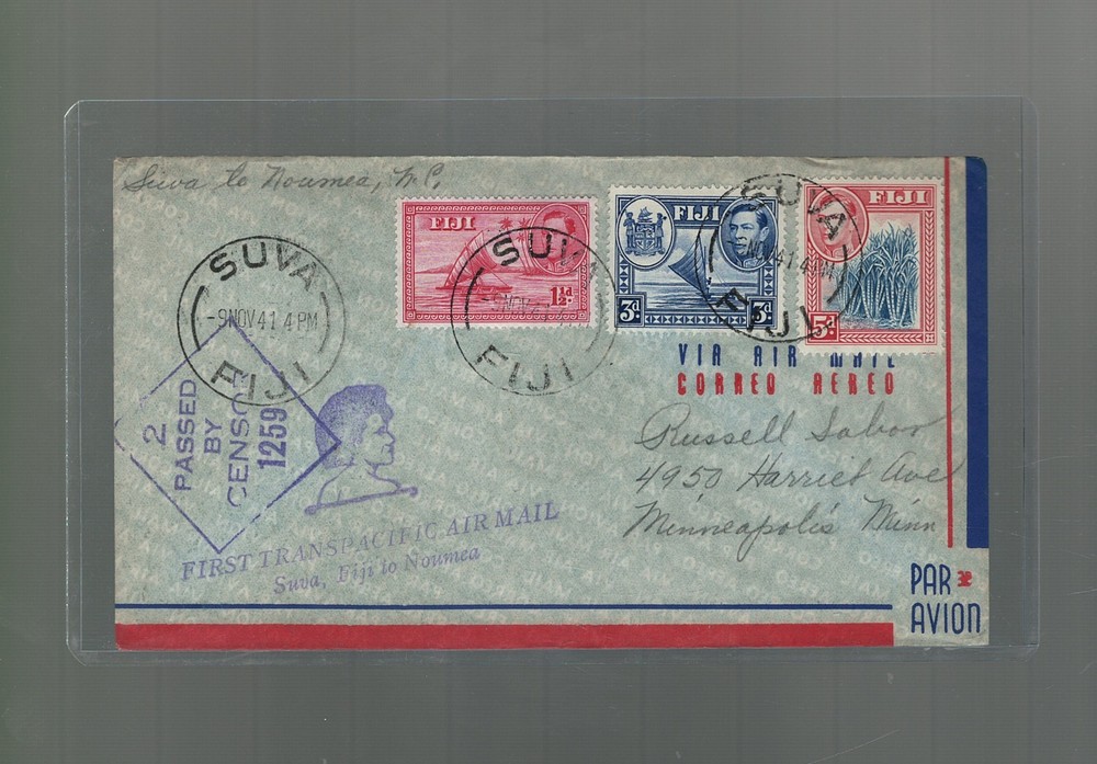 1941 WWII Suva Fiji First Flight Cover to Noumea New Caledonia Pan Am Censored