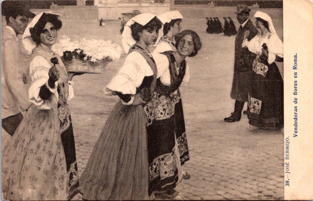 SPAIN 1910’S POSTAL PICTORIAL POSTCARD FLOWER SELLERS ADDR USA POSTMARK MADRID