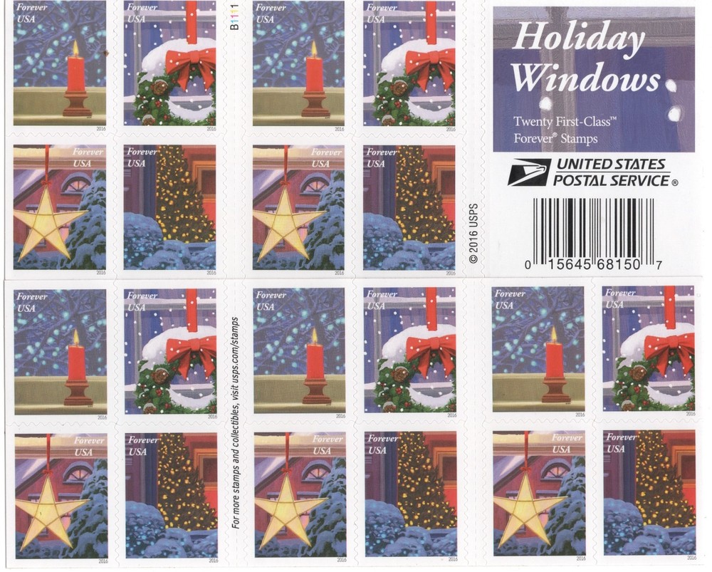 USPS Booklet of 20 Peel and Stick ounce rate Holiday Windows Stamps sent