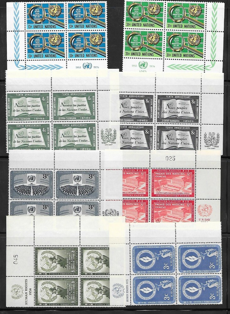 UNITED NATIONS MNH 25 INSCRIPTION BLOCKS OF 4 FLAGS EMBLEMS
