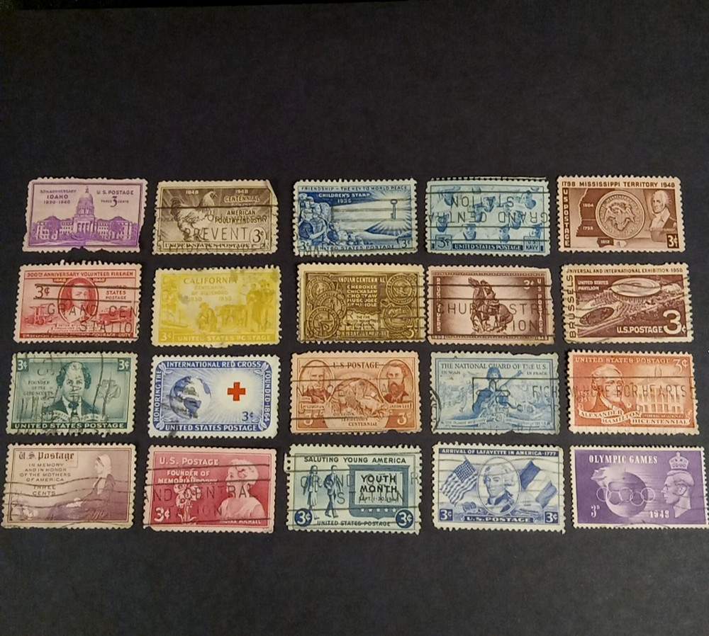 Lot of 20 Vintage 3 Cent US Stamps Used Multi-Color Historical Figures + 1 UK