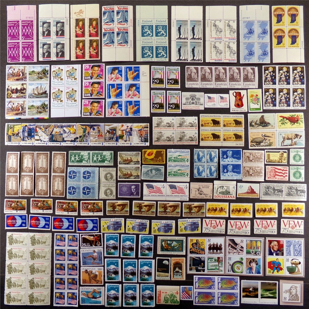 Unused USA Stamp Lot: Vintage US Valid Postage Mix, Original Gum, Blocks Singles