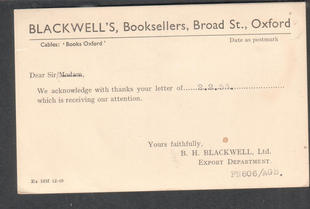 1953 printed matter post card Blackwell’s book seller Oxford England to USA