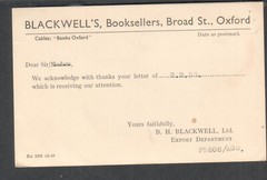 1953 printed matter post card Blackwell’s book seller Oxford England to USA
