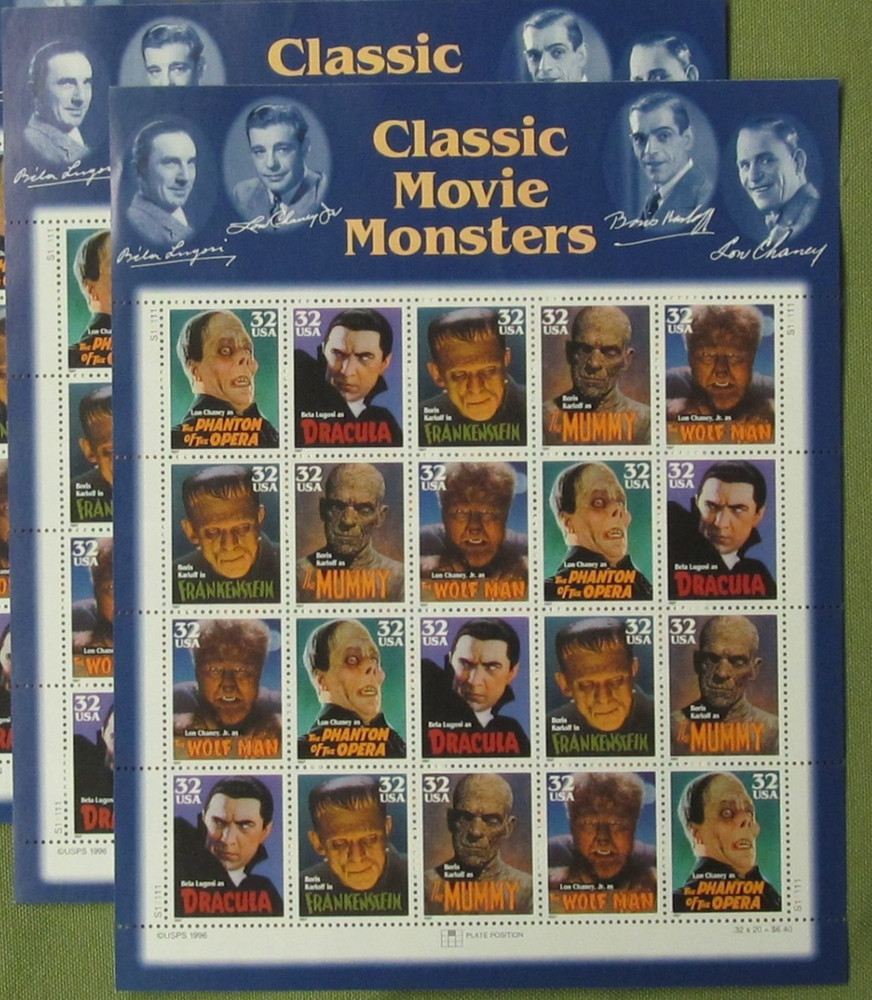 Two Sheets x 20 = 40 of CLASSIC MOVIE MONSTERS 32¢ USPS Postage Stamps 3168-3172