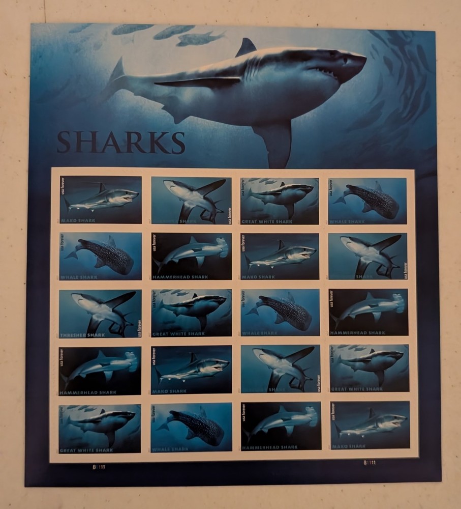 USPS Sharks Forever Stamps Full Sheet of 20 Marine Life Collectible