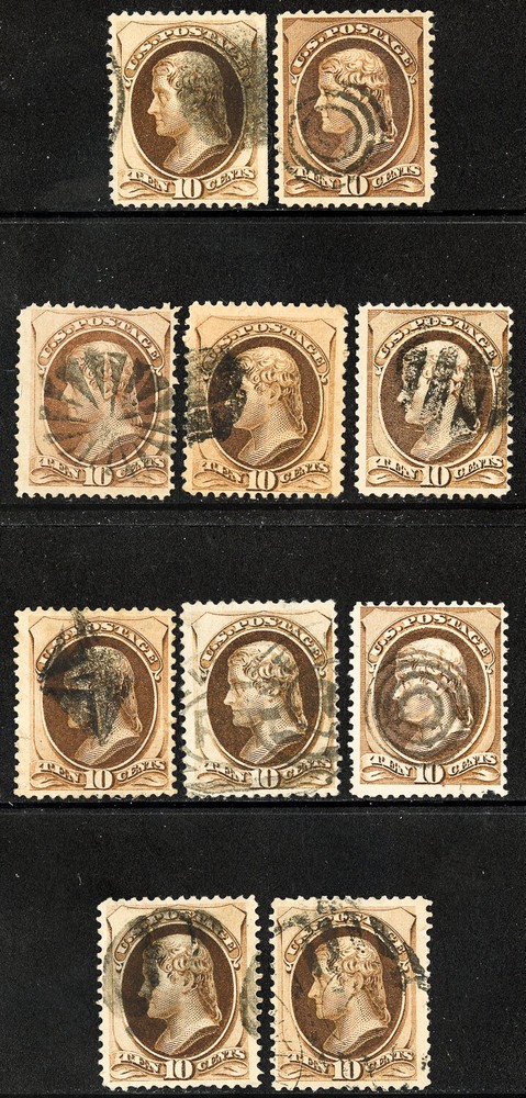 US Stamps # 187 Used F-VF Lot Of 10 Many Very Fine Scott Value $425.00