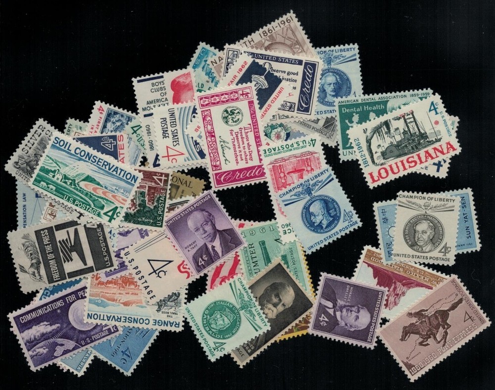 FIFTY(50) DIFFERENT 4 CENT U.S. STAMPS FROM THE 1950’S/1960’S- MNH- BELOW FACE