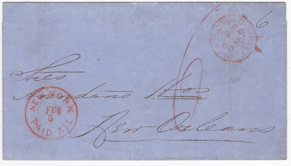 1868 BRITISH H/S 6d RATE TRANSATLANTIC WRAPPER LONDON TO NEW ORLEANS NY PAID ALL