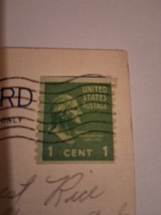 George Washington Green Right Facing One 1 Cent Stamp on 1948 Postcard