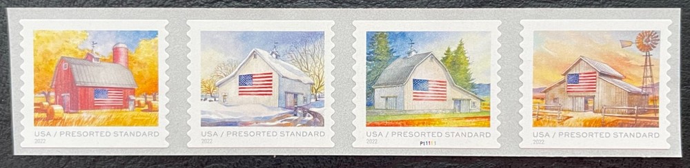 2022 Scott #5684-87, Presort – FLAGS ON BARNS – Mint NH – Strip of 4 Coils
