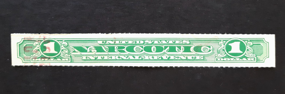 🔥US NARCOTIC TAX Revenue Stamp Green $1 Dollar ~ Rouletted ~ Used Red Cancel!