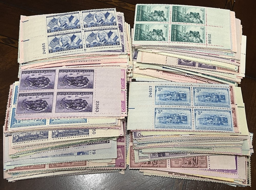 RHstamps 50 DIFFERENT 3 CENT VINTAGE PLATE BLOCKS OF 4, MINT NOT HINGED, MNH