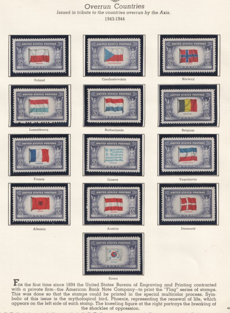 US 1943-1944 Overrun Countries Flags of WWII 909-921 Poland to Korea OG MNH*