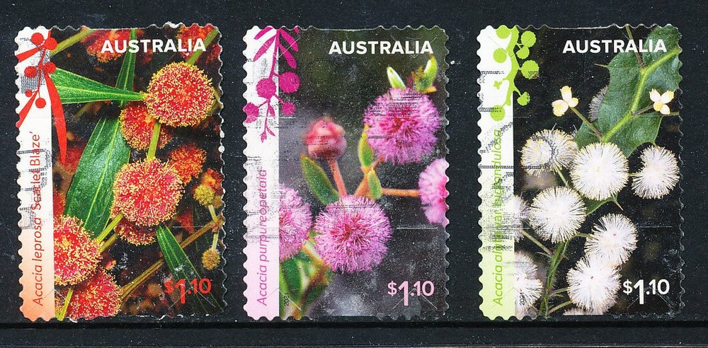 Australian 2021 Wattle Wonders, set of 3 Peel and Stick stamps, used