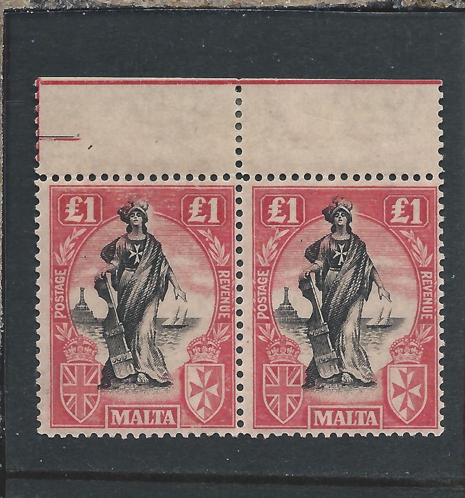 MALTA 1922-26 £1 BLACK & BRIGHT CARMINE WATERMARK UPRIGHT PAIR MNH SG 140