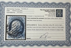 US #20 1857 1c blue Franklin Type II, plate 4 Used *Cert.; $1,250 SCV