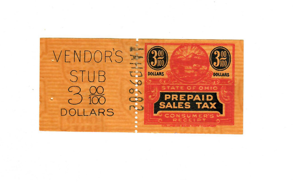 State of Ohio $3 Prepaid Sales Tax Vendor Stub & Consumer Receipt (U272)