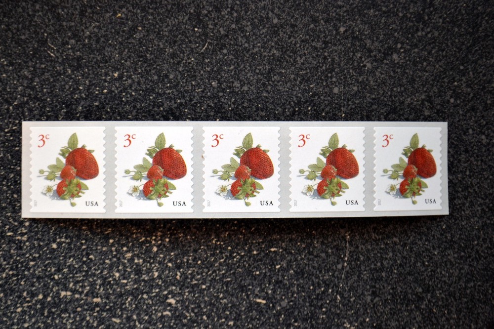 2017USA #5201 3c Strawberries – Coil Strip of 5 – Mint NH strawberry fruit