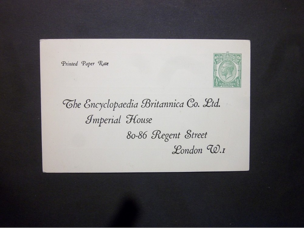 Stationery STO KGV 1/2d green Encyclopaedia Britannica Postcard size f H&B CS61