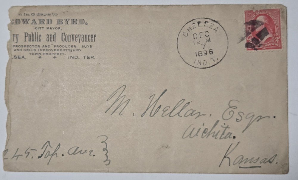 CHELSEA OKLAHOMA 1896 YD Cover Indian Territory Printed Return Byrd Land Seller
