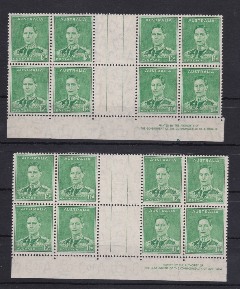 APD9313) Australia 1941 KGVI 1½d Green Authority imprint/gutter blocks of 8 BW