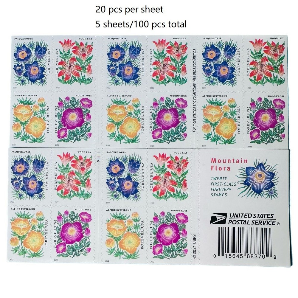 2022 US MOUNTAIN FLORA FOREVER STAMPS MNH Scott# 5676 – 5679 – 100 pcs in total