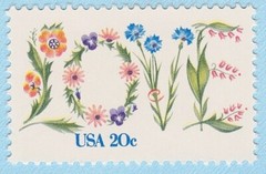 1982 LOVE STAMP FLOWER BLUE PINK VIOLET GREEN VINE LEAVES 20c USA POSTAGE MNH