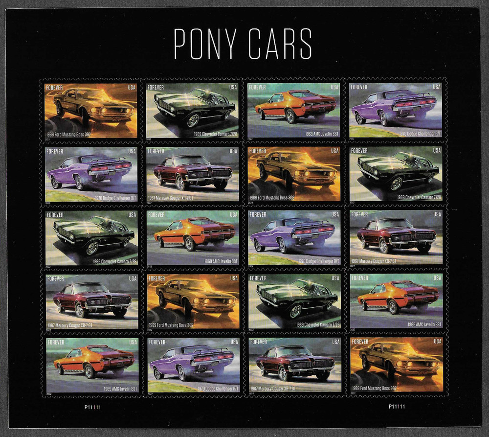 2022 US 5715-5719 PANE OF 20 PONY CARS FOREVER RATE PERFORATED MNH