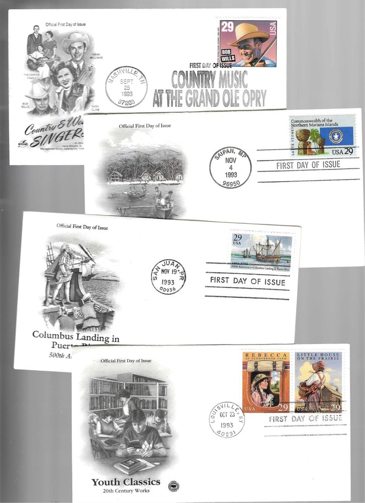 4 1993 Mixed FDC’s;PCS/Art Craft cachets; Country Music/Columbus at Puerto Rico+