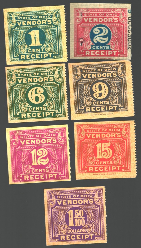 US Stamps Revenue State of Ohio 7 DIFFERENT Vendor’s Receipt Tax Stamp 1930’S