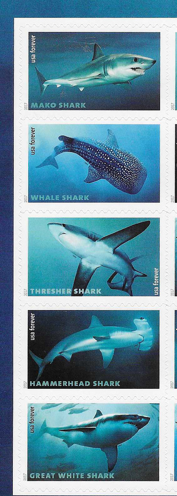 2017 US 5223-5227 STRIP OF 5 SHARKS FOREVER RATE PERFORATED MNH
