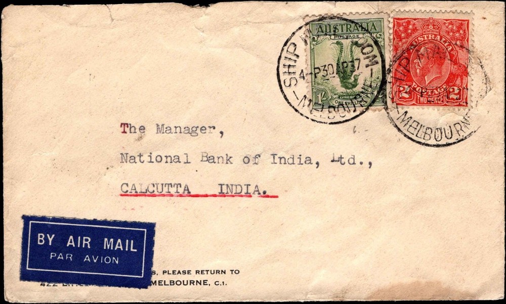 Australia 1/- Lyrebird & 2d KGV Airmail to India Cover