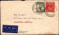 Australia 1/- Lyrebird & 2d KGV Airmail to India Cover